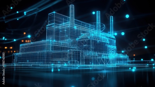 A digital wireframe depiction of a nuclear power plant with blue glowing highlights, illustrating its role in sustainable energy production.