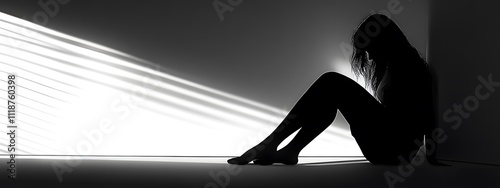 Silhouette of a depressed woman sitting on the floor in a bedroom