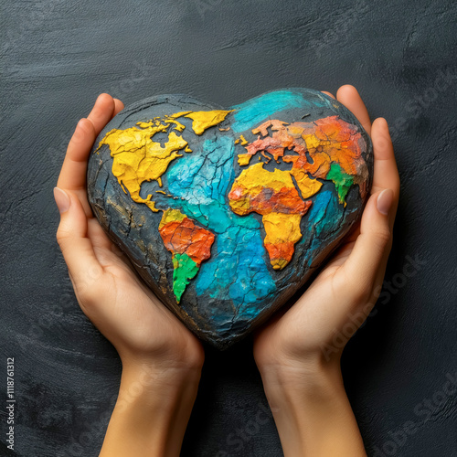 World's love for Earth expressed in a heart-shaped map made of colorful clay held gently in hands against a dark backdrop on World Day