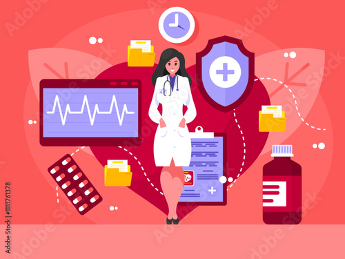 Female doctor in a white coat stands with a stethoscope. Medical specialist. Heart care concept. Medical diagnostic of the heart. Cardiology and circulatory system treatment. Vector graphics