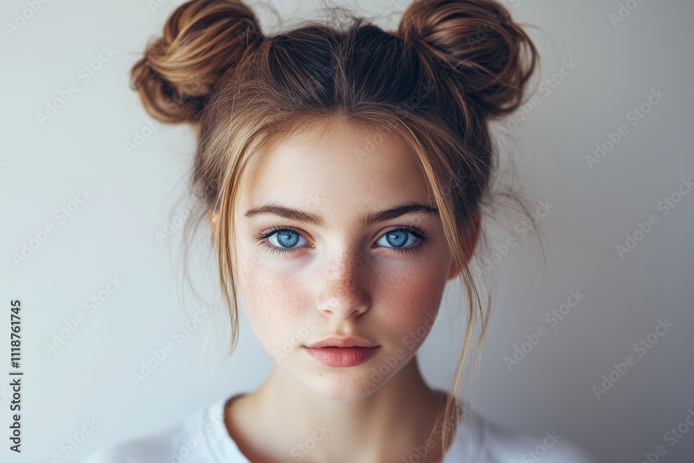 Close-up portrait of a young woman with striking blue eyes and hair in double buns, exuding natural beauty and confidence. Close-up portrait of a young woman with striking blue eyes and hair in double buns, exuding natural beauty and confidence.