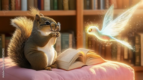 A clever squirrel sitting on a pink cushion, glasses perched on its nose, engrossed in a book. A glowing fairy-like bird with shimmering wings hovers nearby. photo