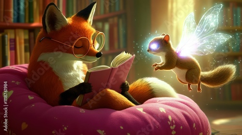 A clever fox with soft fur lounging on a pink cushion, wearing round glasses and reading a book. A magical fairy-like squirrel with radiant wings hovers nearby. photo