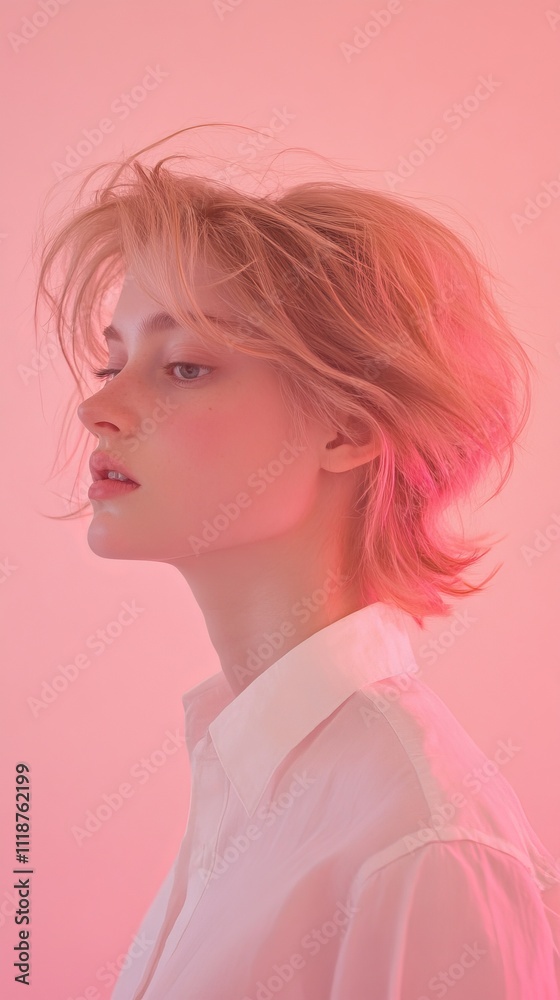 Side profile of young woman in soft pink lighting, wearing a white shirt, highlighting modern beauty and style. Side profile of young woman in soft pink lighting, wearing a white shirt, highlighting modern beauty and style.