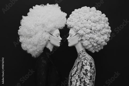 Stylized black-and-white portrait showcasing two models with extravagant, contrasting hairstyles against a dark background.