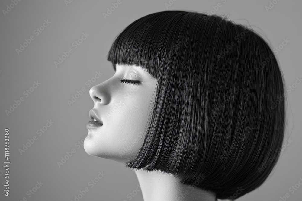 Monochrome side profile of a serene woman with sleek bob haircut and closed eyes, embodying elegance and tranquility. Monochrome side profile of a serene woman with sleek bob haircut and closed eyes, embodying elegance and tranquility.