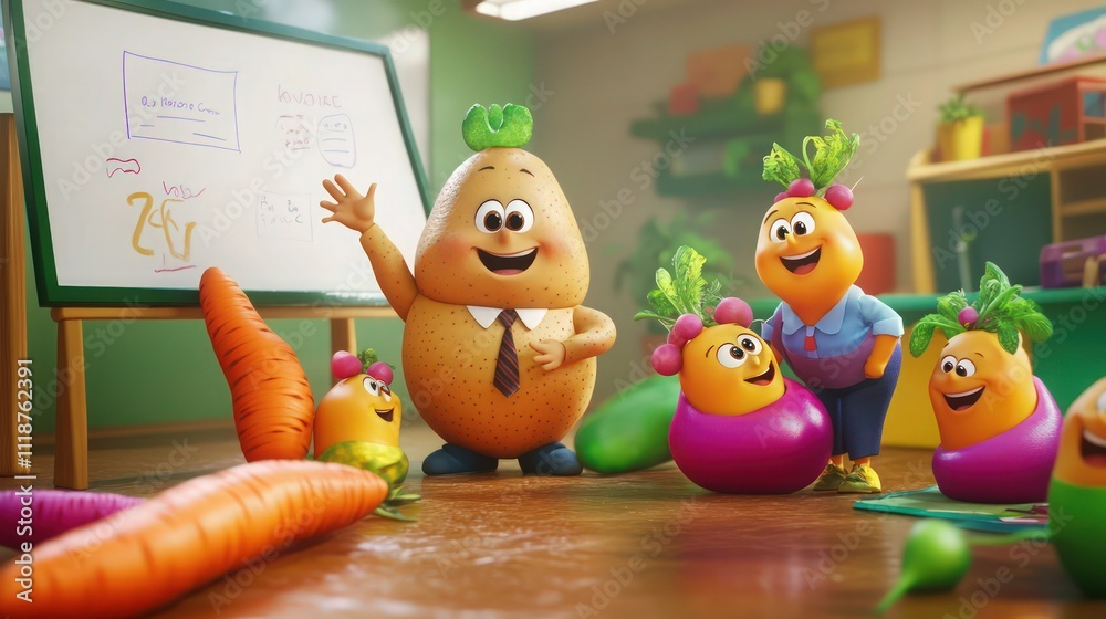 A cheerful potato teacher in a tie, gesturing at a whiteboard, while colorful cartoon carrots and radishes laugh and engage in a playful classroom. A cheerful potato teacher in a tie, gesturing at a whiteboard, while colorful cartoon carrots and radishes laugh and engage in a playful classroom.