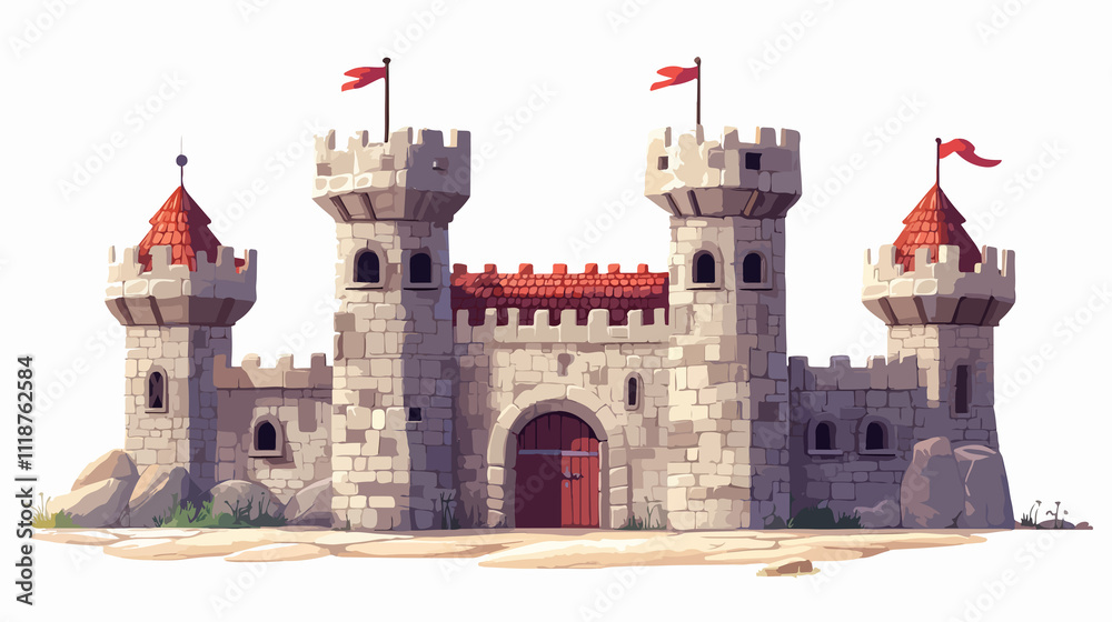 Medieval stone castle with tower, wall, and gate. Stronghold with red roof. Historical architecture concept. Medieval stone castle with tower, wall, and gate. Stronghold with red roof. Historical architecture concept.