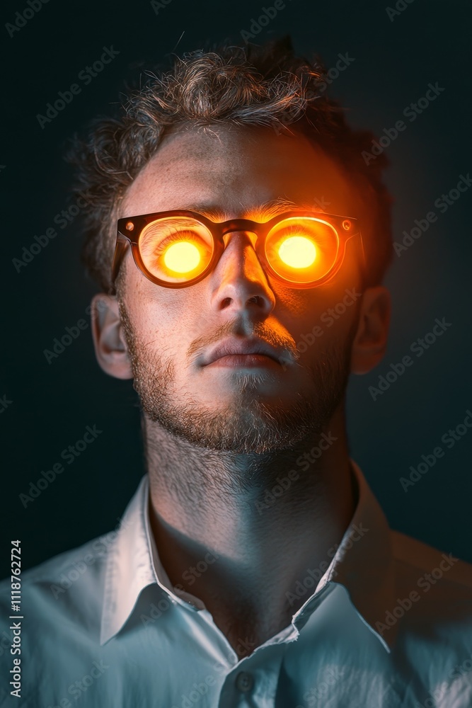 Fototapeta premium A man models glowing orange glasses in a dimly lit setting, creating an intense and mysterious visual effect.