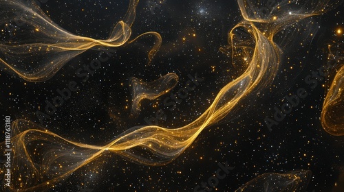 A celestial-inspired abstract with shimmering golden trails weaving through a black void, creating intricate loops and scattered sparkles for a sense of dynamic elegance.