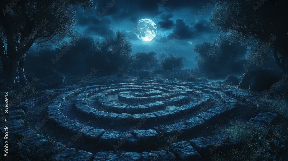 Mysterious stone labyrinth illuminated by soft moonlight, creating an enchanting nighttime scene. Mysterious stone labyrinth illuminated by soft moonlight, creating an enchanting nighttime scene.