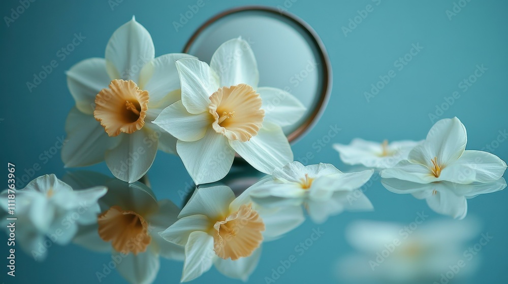 Narcissus flower reflecting in the mirror with petals fallen off. Beauty, youth time passing minimal concept. Narcissus flower reflecting in the mirror with petals fallen off. Beauty, youth time passing minimal concept.