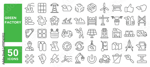 Set of 50 line icons related to green factory, eco, industry, machine, sustainability, manufacturing, technology, environment, bio, energy, Editable stroke. Vector illustration