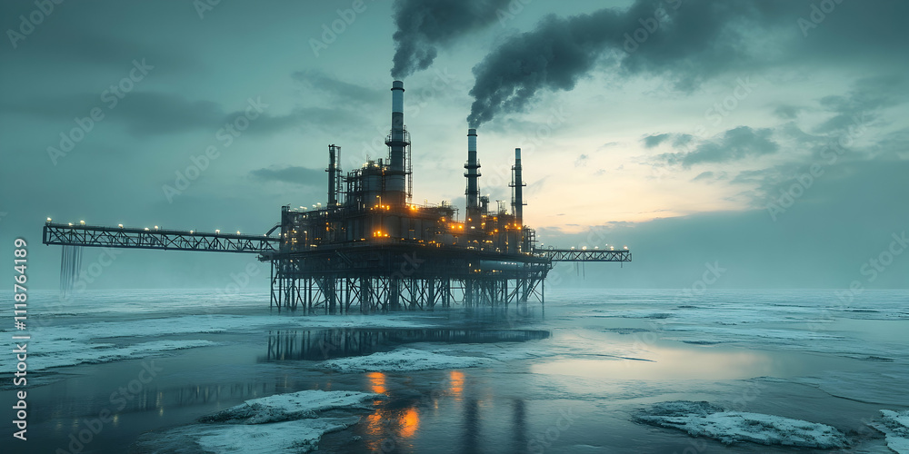 Industrial platform with smoke stacks and glowing lights in the midst of a frozen sea at dusk Industrial platform with smoke stacks and glowing lights in the midst of a frozen sea at dusk