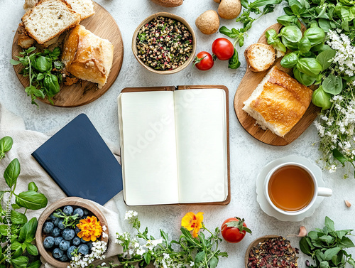 Brunch table with fruits, bread, tea and natural elements for a relaxing day, mockup concept for making notes or advertising