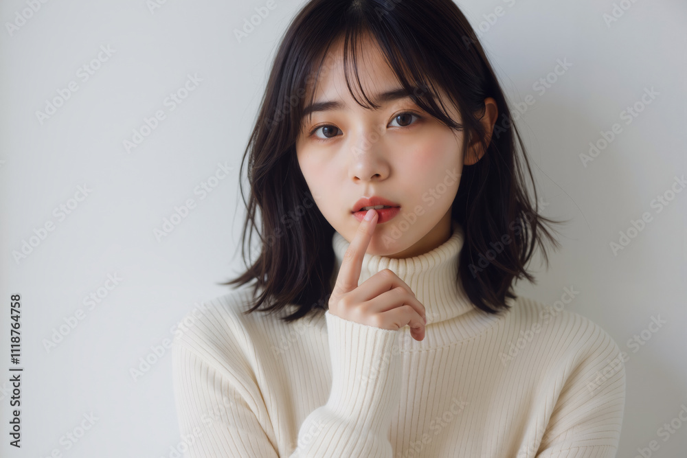 Close-up of a Young Asian Woman with Soft Makeup in a Cozy White Sweater Against a Light Background Close-up of a Young Asian Woman with Soft Makeup in a Cozy White Sweater Against a Light Background