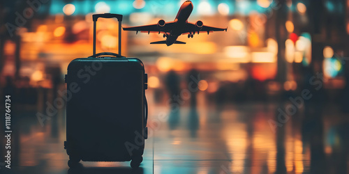 Silhouette of a suitcase against a blurred backdrop with an airplane soaring above, evoking themes of travel and exploration photo