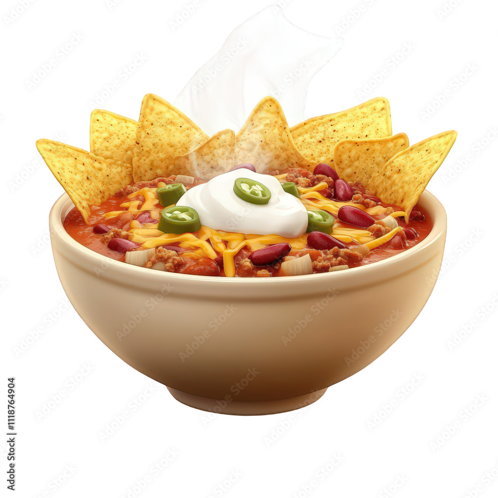 Delicious Bowl of Chili Topped With Cheese, Sour Cream, Jalapenos, and Tortilla Chips Served Hot Delicious Bowl of Chili Topped With Cheese, Sour Cream, Jalapenos, and Tortilla Chips Served Hot