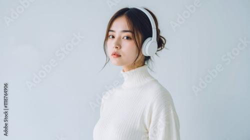 Calm Young Woman in White Turtleneck with Headphones Against a Minimalist Background