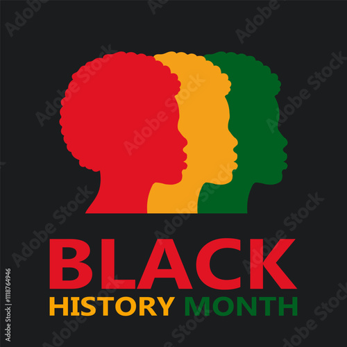 Black History Month celebration. Red, yellow and green people silhouettes and Text. African American culture appreciation. Celebrating the end of apartheid.