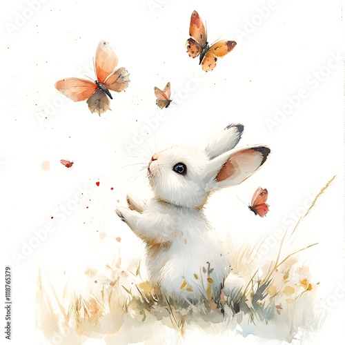 Children's watercolor poster with a cute white bunny catching butterflies. Cute rabbit in the grass