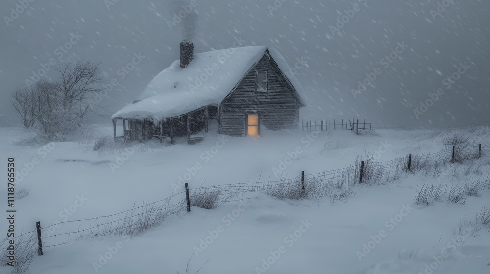 Isolated cabin amidst heavy snowfall, glowing warmly in the stormy winter night, surrounded by a desolate and snowy landscape. Isolated cabin amidst heavy snowfall, glowing warmly in the stormy winter night, surrounded by a desolate and snowy landscape.