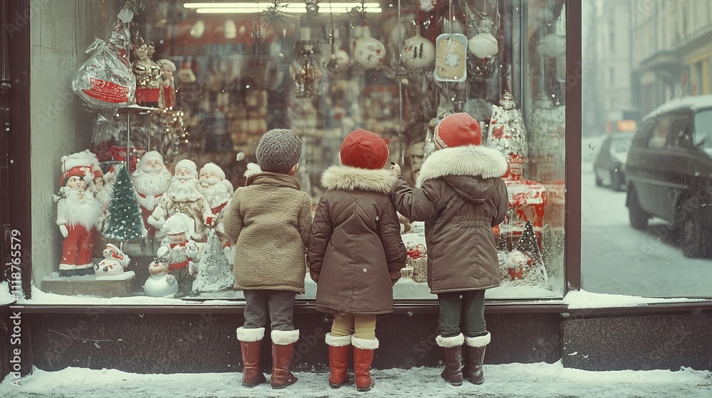 Three children in winter coats admire a Christmas window display filled with Santa decorations and snow. Three children in winter coats admire a Christmas window display filled with Santa decorations and snow.