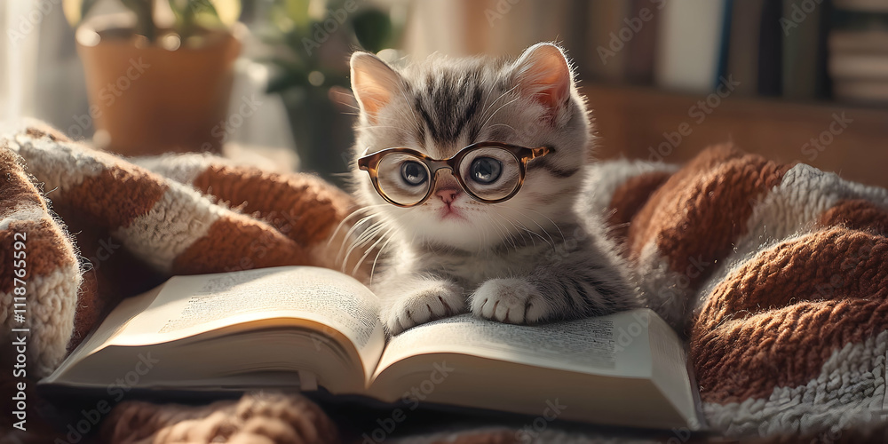 Adorable kitten wearing glasses intently studying a book in a cozy home setting Adorable kitten wearing glasses intently studying a book in a cozy home setting