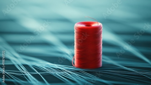 Isolated red thread among whiote threads photo