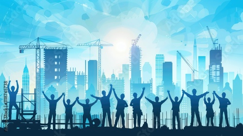 Silhouette of construction workers celebrating a successful building project in a city.