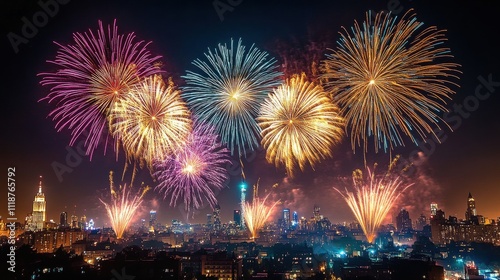 Vibrant fireworks display over a cityscape at night.