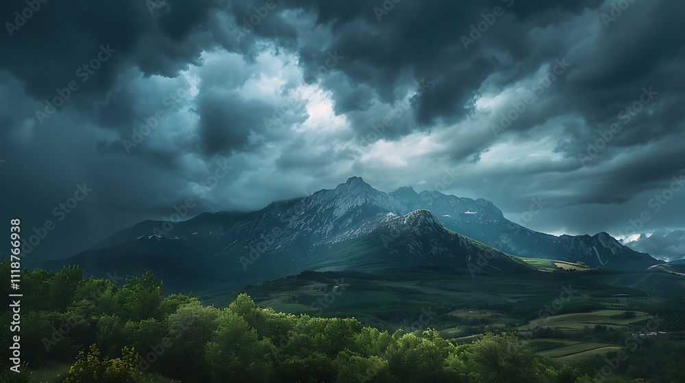 Dramatic Mountain Landscape Under a Stormy Sky, Featuring Rugged Peaks, Dark Clouds, and Intense Lighting, Capturing the Raw Power and Beauty of Nature