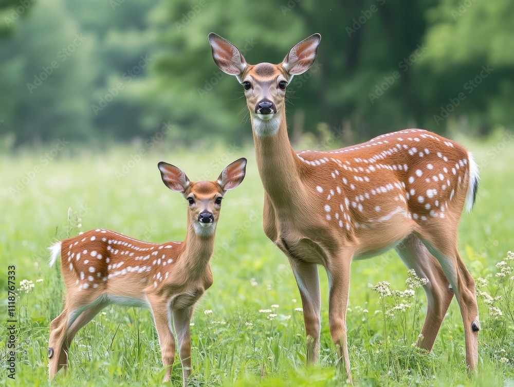 Whitetail Doe with Adorable Fawn in Lush Green Meadow Under Natural Light Whitetail Doe with Adorable Fawn in Lush Green Meadow Under Natural Light