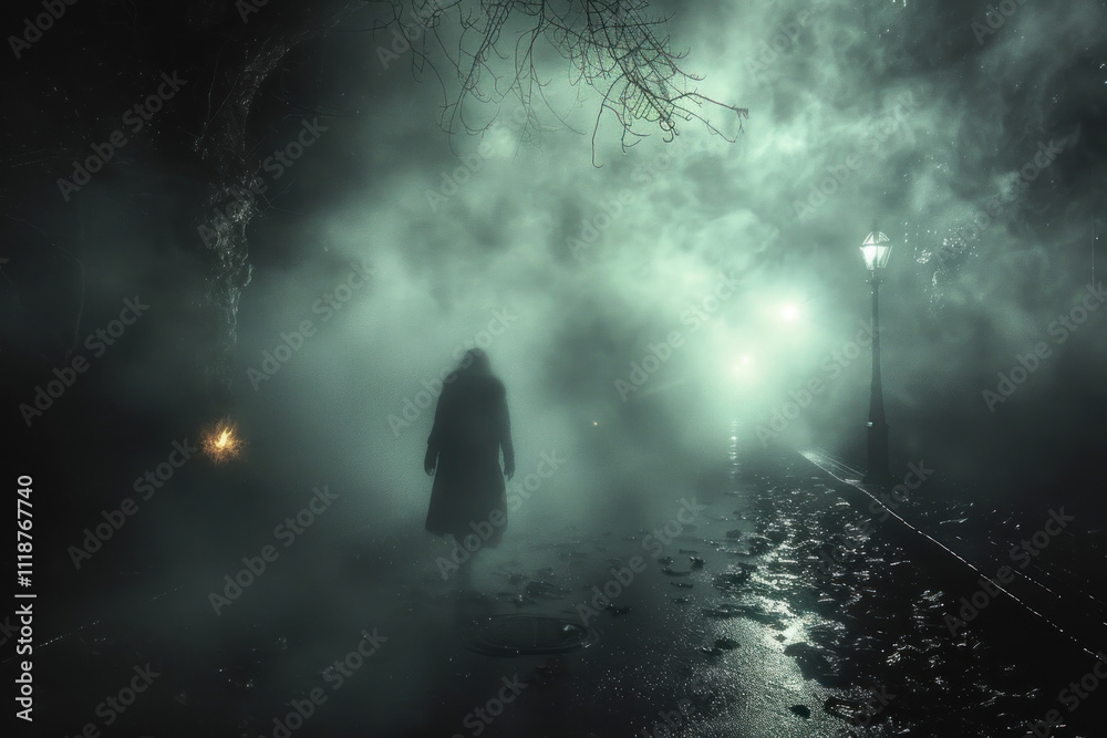 mysterious and somewhat mystical scene. One figure walks along a wet sidewalk in a foggy, lamp-lit setting that creates a sense of mystery or tension. mysterious and somewhat mystical scene. One figure walks along a wet sidewalk in a foggy, lamp-lit setting that creates a sense of mystery or tension.