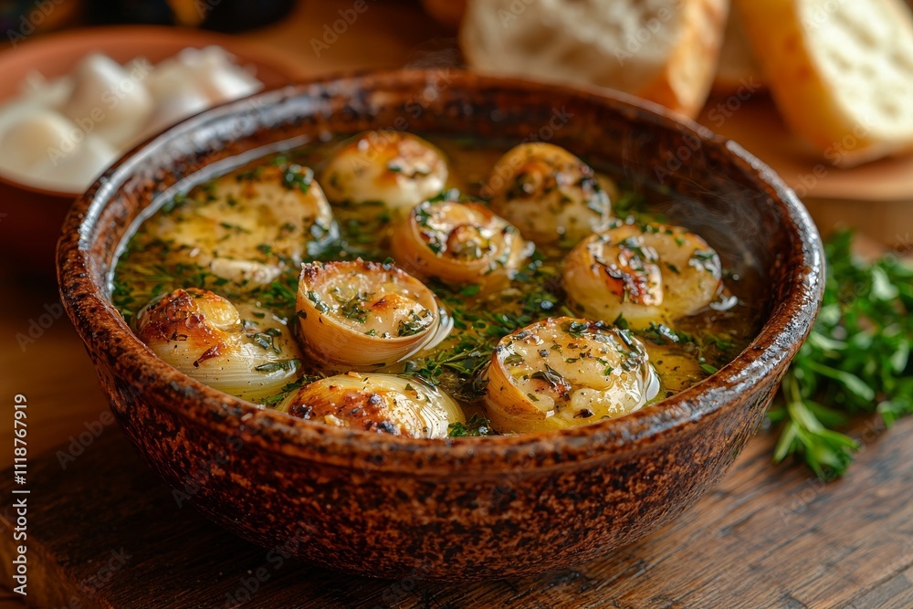 Escargots de Bourgogne: This dish includes snails in shells, filled with garlic parsley butter, and is presented on a traditional escargot plate. Escargots de Bourgogne: This dish includes snails in shells, filled with garlic parsley butter, and is presented on a traditional escargot plate.