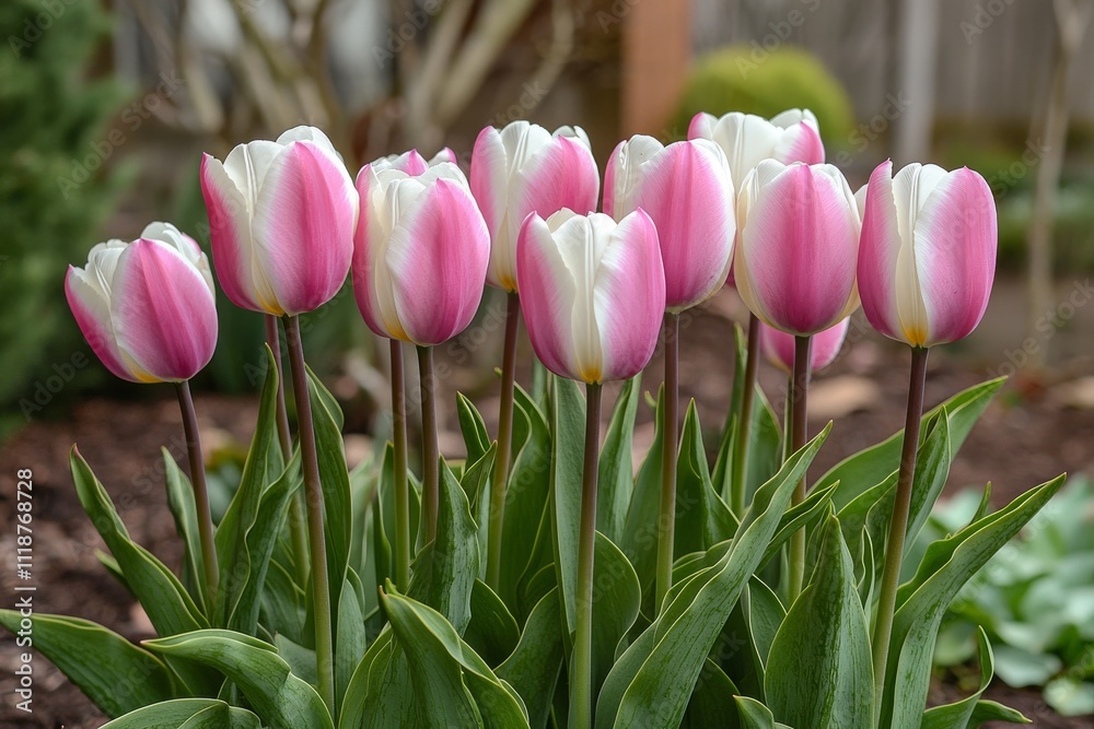 Fototapeta premium During the Tulip Festival in Mount Vernon, Washington, vibrant pink and white tulips are in full bloom, leaning to the left on a sunny day in Tulip Town.