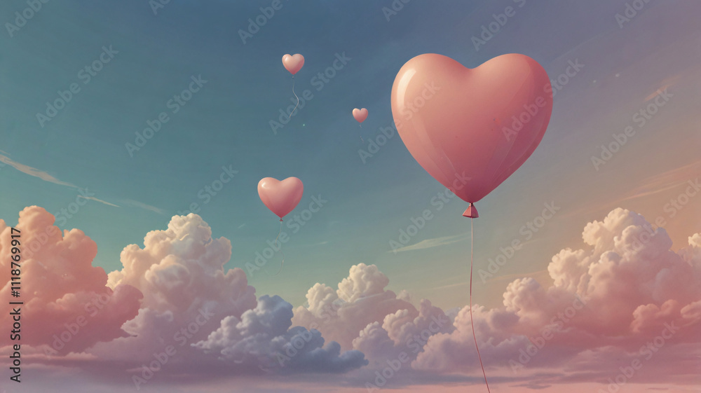 Fototapeta premium Whimsical Heart-shaped Balloons Floating in Dreamy Pastel Sky