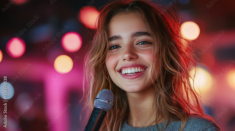 A joyful young woman holding a microphone, smiling confidently on stage with vibrant colorful lights in the background. A joyful young woman holding a microphone, smiling confidently on stage with vibrant colorful lights in the background.