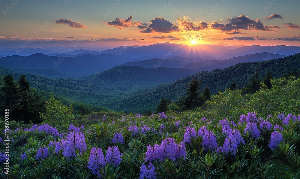 Obraz premium In spring, at Hwangmaesan Mountain near Hapcheon-gun, South Korea, pink azalea flowers create a panoramic sunrise view against a foggy mountain range.