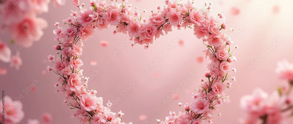 Delicate Pink Floral Heart Wreath with Cascading Blossoms on Soft Background [with spaces]