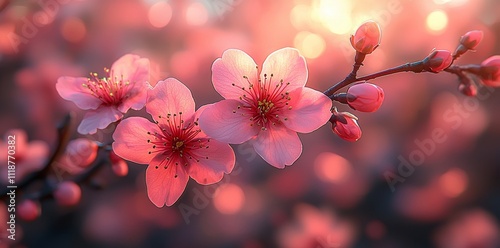 A horizontal banner with pink sakura flowers set against a sunny background. A charming spring nature scene featuring a blooming sakura branch, with room for text.