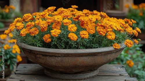 A classic Indian oil lamp adorned with vibrant orange flowers, used as ethnic decor during religious celebrations like Diwali and Pongal.