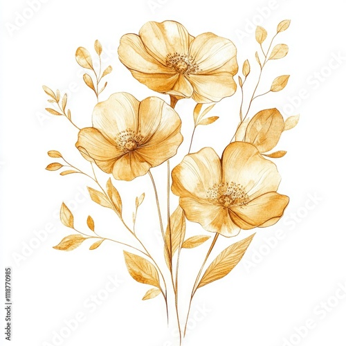 Elegant Watercolor Bouquet of Linear Gold Blooms. Hand-Painted Minimalist Floral Composition on White for Design, Print, Fabric, or Card Use.