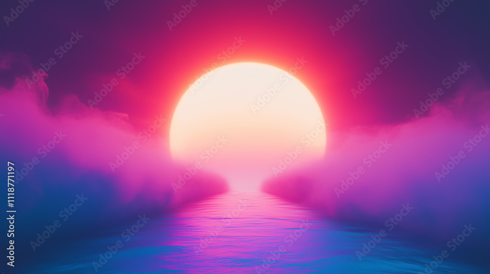Fantastic landscape with a big bright sun background.. Sunrise or sunset concept poster. Sci-fi alien planet horizontal banner. Digital illustration. AI artwork. Fantastic landscape with a big bright sun background.. Sunrise or sunset concept poster. Sci-fi alien planet horizontal banner. Digital illustration. AI artwork.