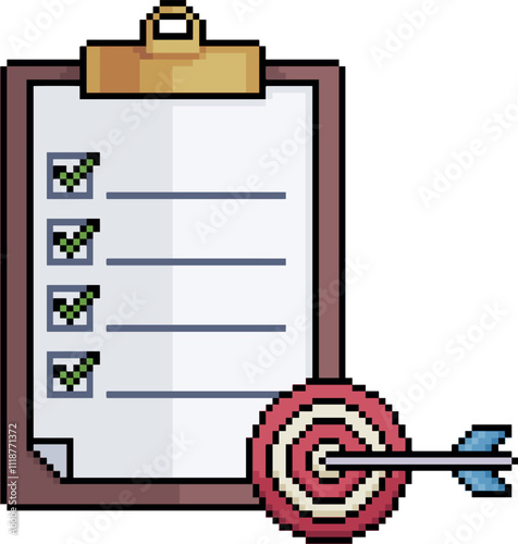 Pixel art clipboard with target and arrow in 8-bit style on white background