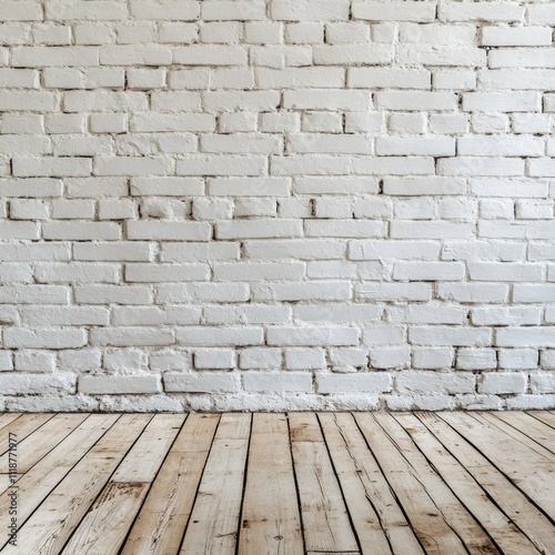 Stylish Interior Featuring a White Brick Wall and Wooden Flooring, Perfect for Modern Gallery Spaces