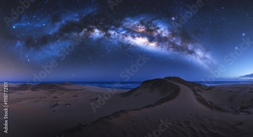 Breathtaking Azure Expanse: Nighttime Desert Under a Star-Covered Sky and Milky Way