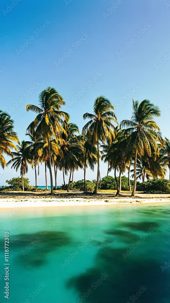 Tropical paradise features lush palm trees along a tranquil turquoise coastline under a clear blue sky