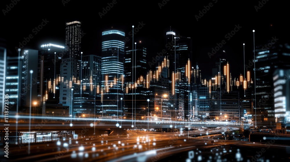 Fototapeta premium Digital artwork showcases stock market charts with abstract shapes and a vibrant cityscape background glowing in warm tones at night