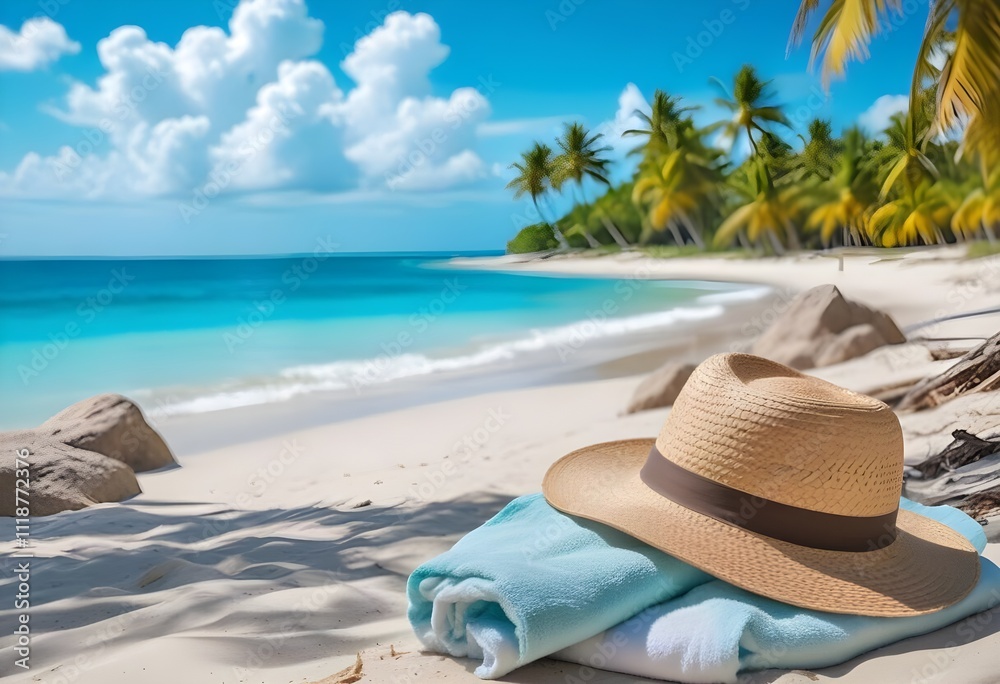 A tropical beach scene with a straw hat, towel, and palm trees in the background. The ocean is a vibrant turquoise color with white sand and a cloudy blue sky A tropical beach scene with a straw hat, towel, and palm trees in the background. The ocean is a vibrant turquoise color with white sand and a cloudy blue sky